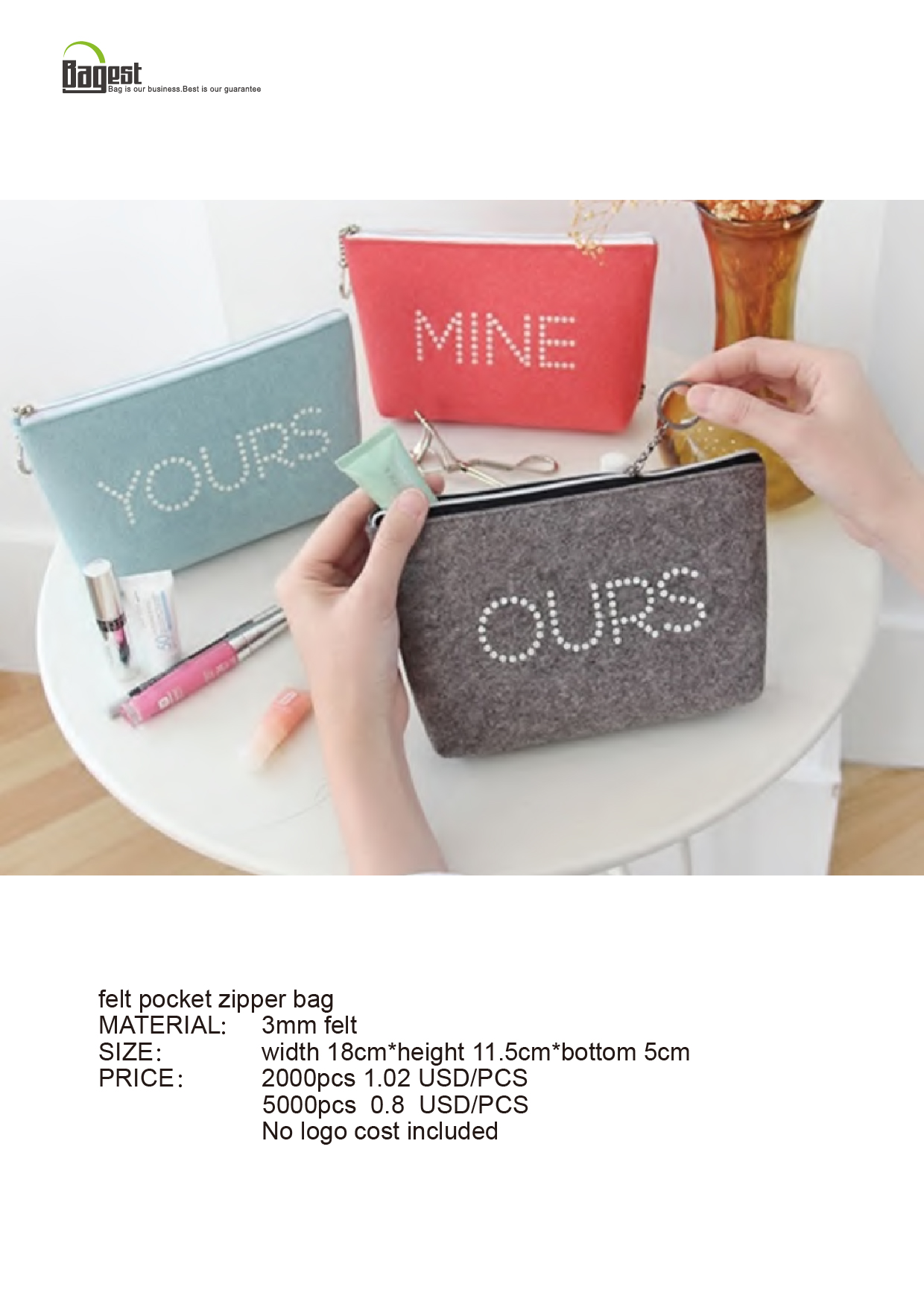 felt pocket zipper bag price
